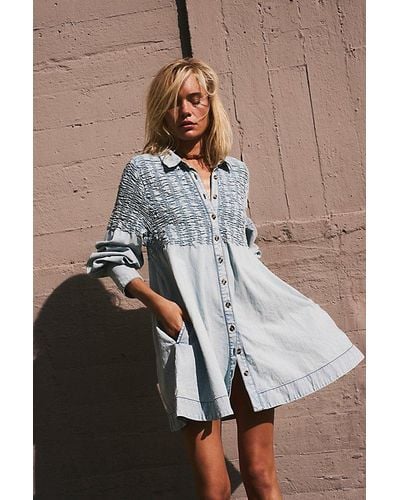 Free People Denim Find Me Now Mini Dress At In Glacier, Size: Xs - Brown