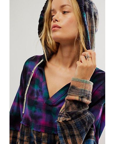 One Teaspoon Fp X Split Flannel Hooded Top At Free People, Size: Xs - Blue