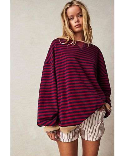 Free People Classic Striped Oversized Crewneck At In Nautical Combo, Size: Large - Red