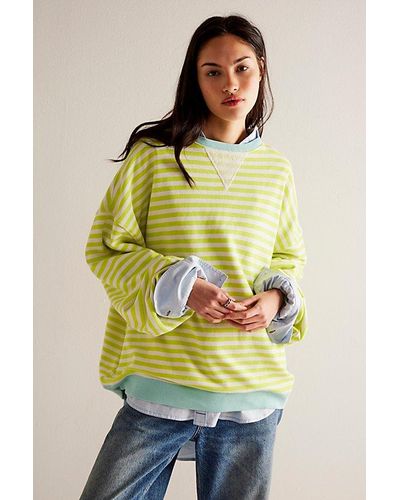 Free People Classic Striped Oversized Crewneck At In Lime Combo, Size: Large - Yellow