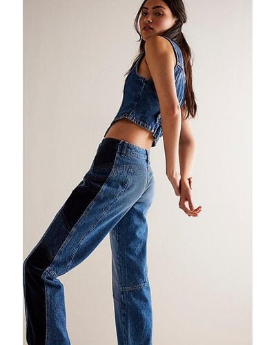 Free People Moonlit Moto Slim Bootcut Jeans At Free People In Darkside, Size: 24 - Blue