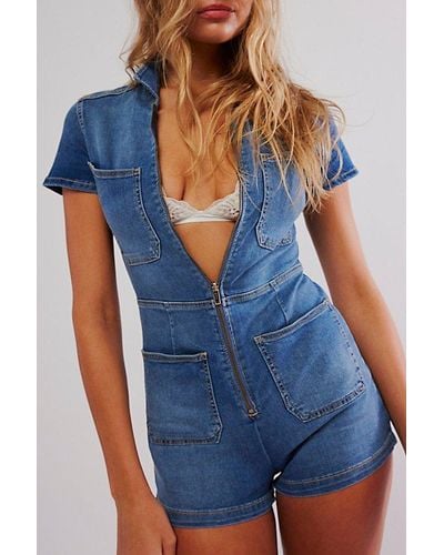 Free People Crvy Lennox Shortsuit At In Love Letters, Size: Us 12 - Blue