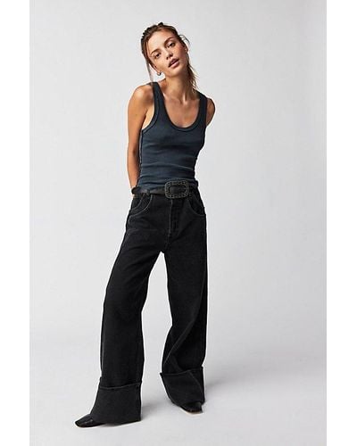 Free People Final Countdown Cuffed Low-rise Jeans At Free People In Blackout, Size: 25 - Blue