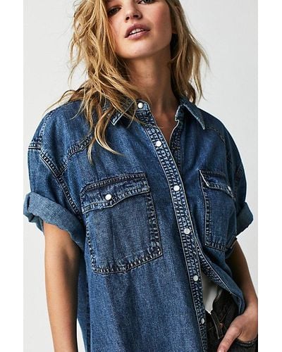 Free People The Short Of It Denim Top At Free People In Medium Tint, Size: Xs - Blue