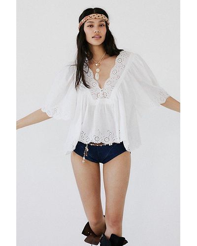Free People Costa Eyelet Top At In Bright White, Size: Xs - Multicolor