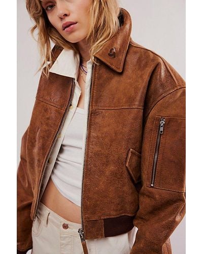 Just Female Rocky Leather Bomber Jacket - Brown