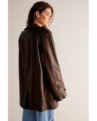 Free People Top Notch Leather Pea Coat Jacket At Free People In Washed Brown, Size: Medium - Blue