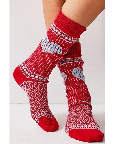 American Trench Heart Cable Knit Socks - Red