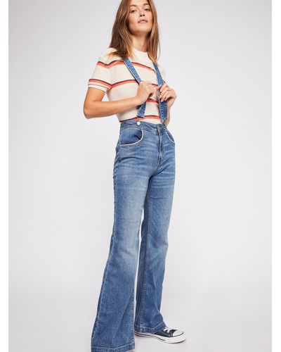Free People Suspender High Rise Flare Jeans - Blue