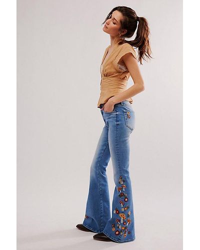 Free People Driftwood Farrah Embroidered Flare Jeans - Blue