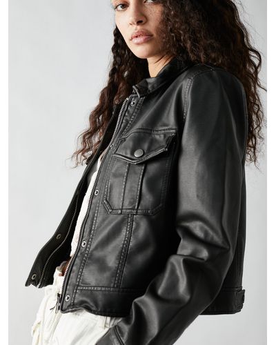 Free People Emma Shrunken Vegan Moto Jacket - Black