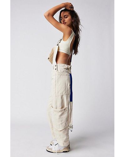 Free People Rayna Carpenter Overalls At In Ecru Combo, Size: Medium - Green