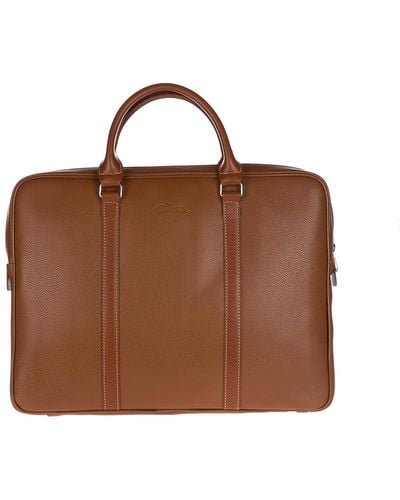 Longchamp Briefcase Attaché Case Laptop Pc Bag Leather - Brown