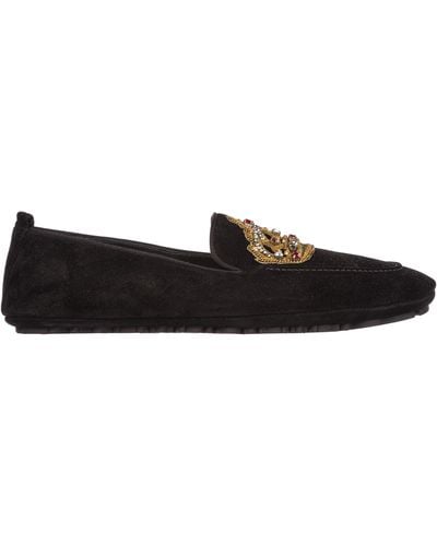 Dolce & Gabbana Calfskin Slippers With Crown Embroidery - Black