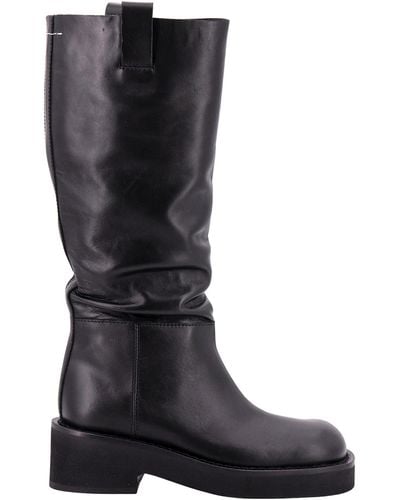 MM6 by Maison Martin Margiela Flat Tall Leather Riding Boots - Black