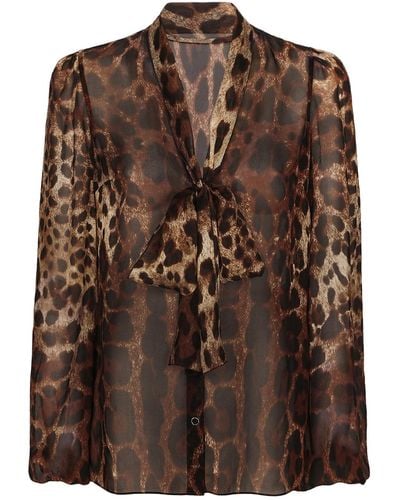 Dolce & Gabbana Camicia in chiffon stampa leopardo con sciarpina - Marrone