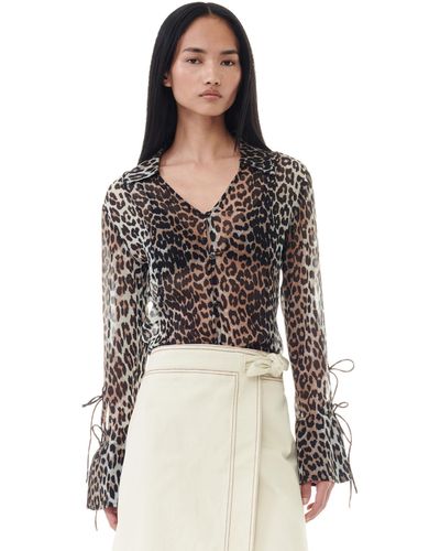 Ganni Leopard Printed Chiffon Slim Shirt - Black
