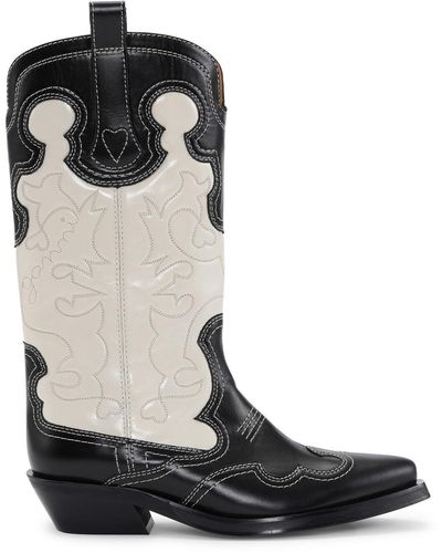 Ganni Monochrome Mid Shaft Embroidered Western Boots - Black