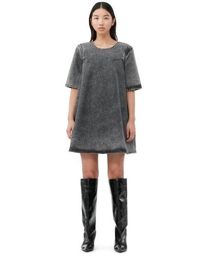 Ganni Short Sleeve Snow Washed Denim A-line Mini Dress - Black