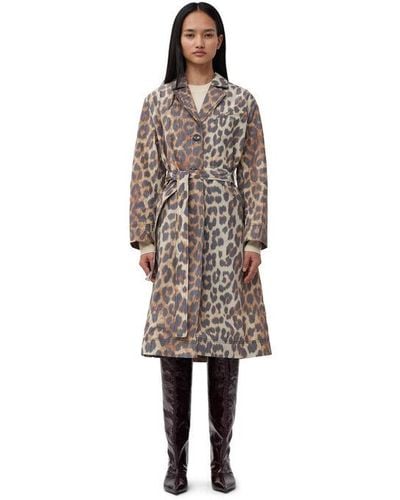 Ganni Leopard Print Single-Breasted Coat - Brown