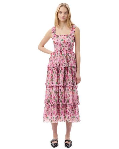 Ganni Sugar Plum Pleated Georgette Smock Midi Dress Size 4 Recycled Polyester - Pink
