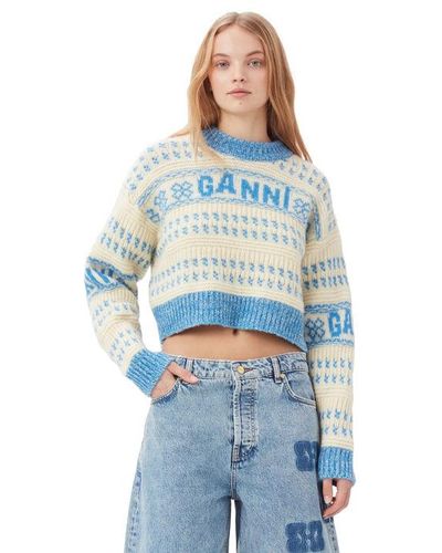 Ganni Blue Lambswool Cropped O-neck Pullover