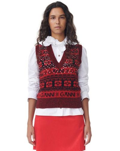 Ganni Red Sequins Logo Wool Mix Vest