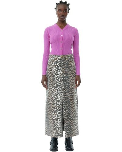 Ganni Jupe Leopard Denim Maxi Slit - Violet