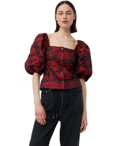 Ganni Blouse Red Botanical Jacquard Fitted - Rouge