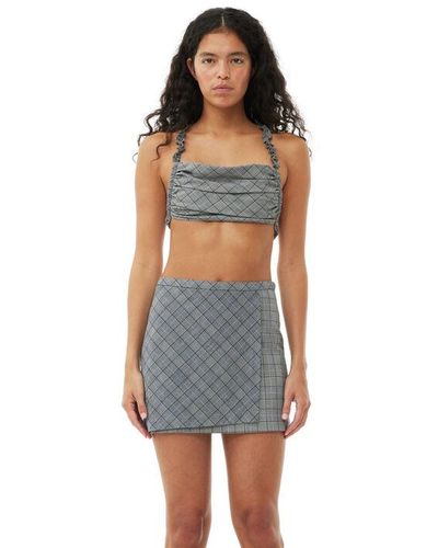 Ganni Gray Checkered Mix Ruched Top - Multicolor