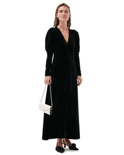 Ganni Black Long Sleeve Long Velvet Maxi Dress Size 4 Recycled Polyester/spandex