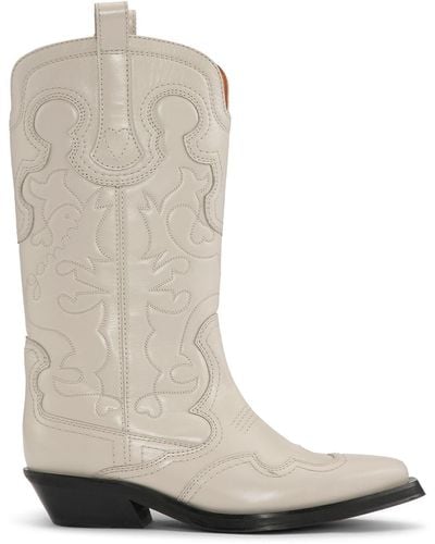 Ganni Mid Shaft Embroidered Western Boot - White