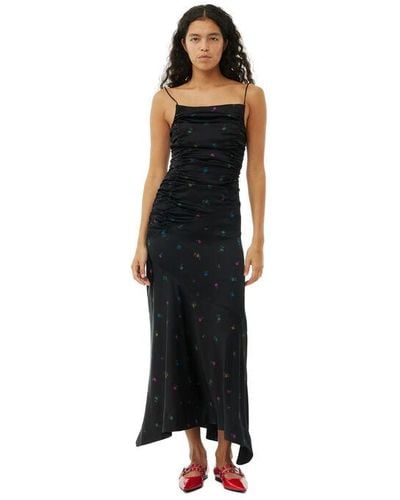 Ganni Floral Satin Ruched Long Slip Dress - Black