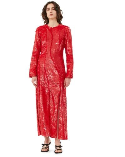 Ganni Red Long Sleeve Sequins Maxi Dress Size 4 Recycled Polyester