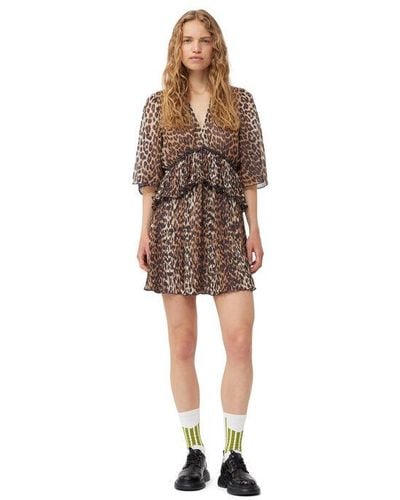 Ganni Almond Milk Leopard Pleated Georgette V-neck Flounce Mini Dress Size 4 Recycled Polyester - Multicolor