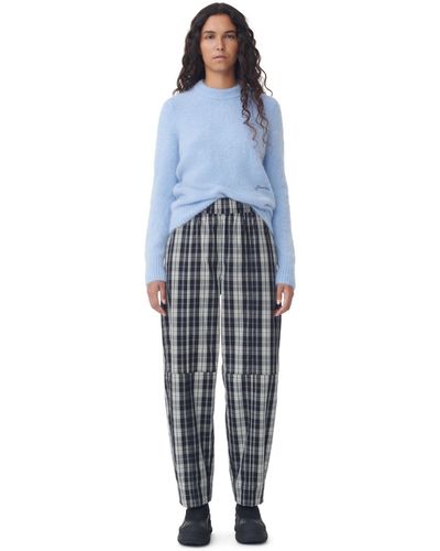 Ganni Chequered Cotton Elasticated Curve Trousers - Blue