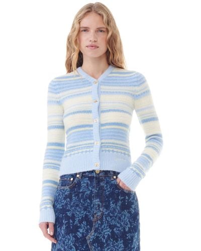 Ganni Blue Striped Soft Wool Strickjacke - Blau