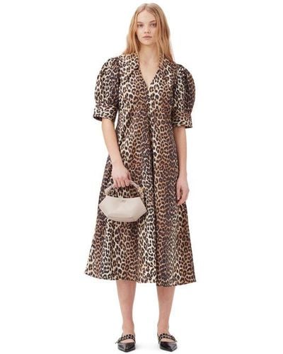 Ganni Mixed Leopard Cottonpoplin V-neck Maxi Dress Size 8 - Brown