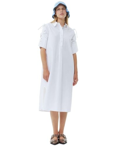 Ganni White Cotton Poplin Oversized Shirt Kleid - Weiß