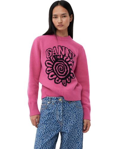 Ganni Pink Flower Graphic O-neck Pullover - Rot