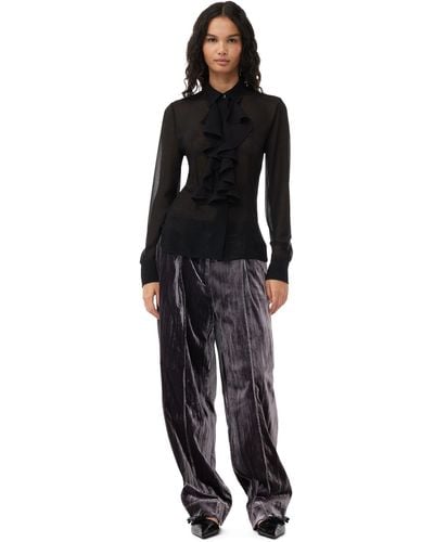 Ganni Grey Striped Velvet Relaxed Pleated Trousers - Black
