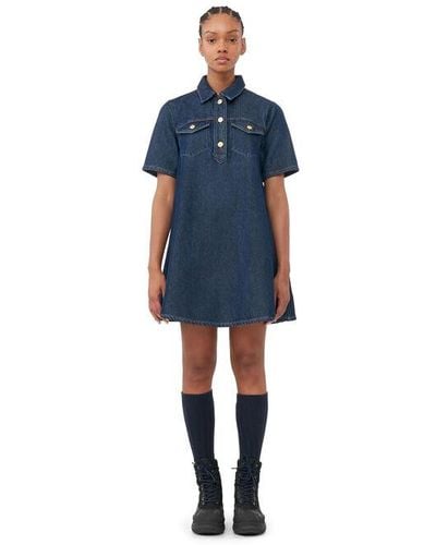 Ganni Navy Short Sleeve Heavy Denim Mini Dress Size 4 Organic Cotton - Blue