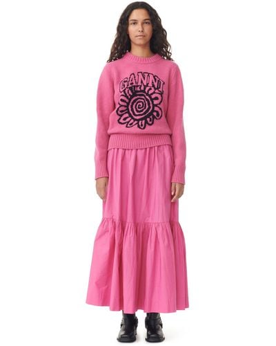 Ganni Pink Cottonpoplin Long Flounce Skirt
