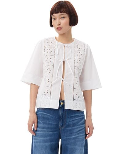 Ganni Broderie Anglaise Tie Blouse - White