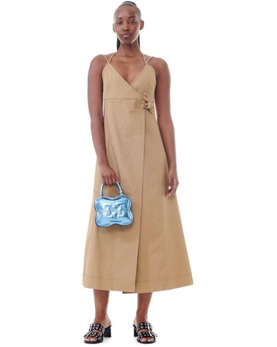 Ganni Beige Brown Herringbone Canvas Strap Long Dress Size 4 Elastane/organic Cotton - Natural