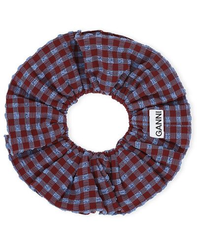 Ganni Checkered Seersucker Ruffle Scrunchie - Lila