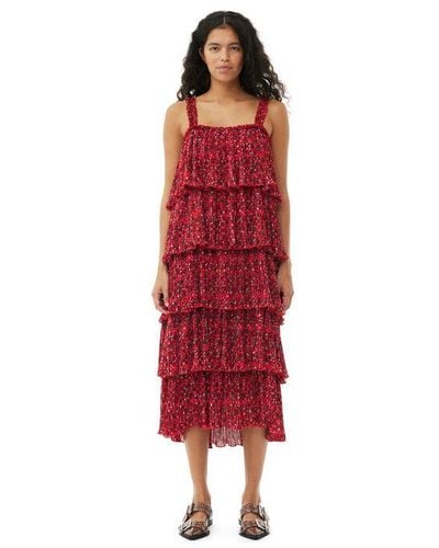 Ganni Red Pleated Georgette Flounce Strap Midi Dress