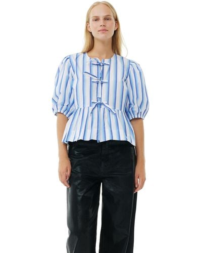 Ganni Blouse Blue Striped Cotton Poplin Peplum Tie - Bleu