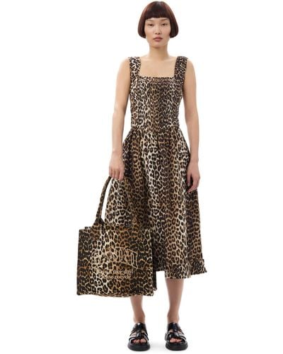 Ganni Leopard Printed Cotton Midi Strap Smock Dress Size 4 - Natural