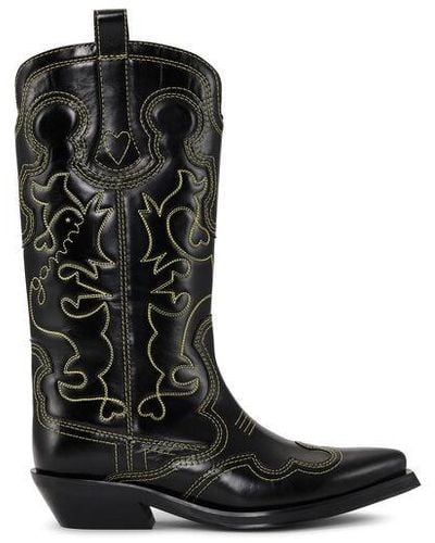 Ganni /yellow Mid Shaft Embroidered Western Boots - Black